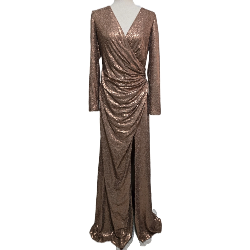TADASHI SHOJI Alberti Sequin Slit Gown Bronze Size XL